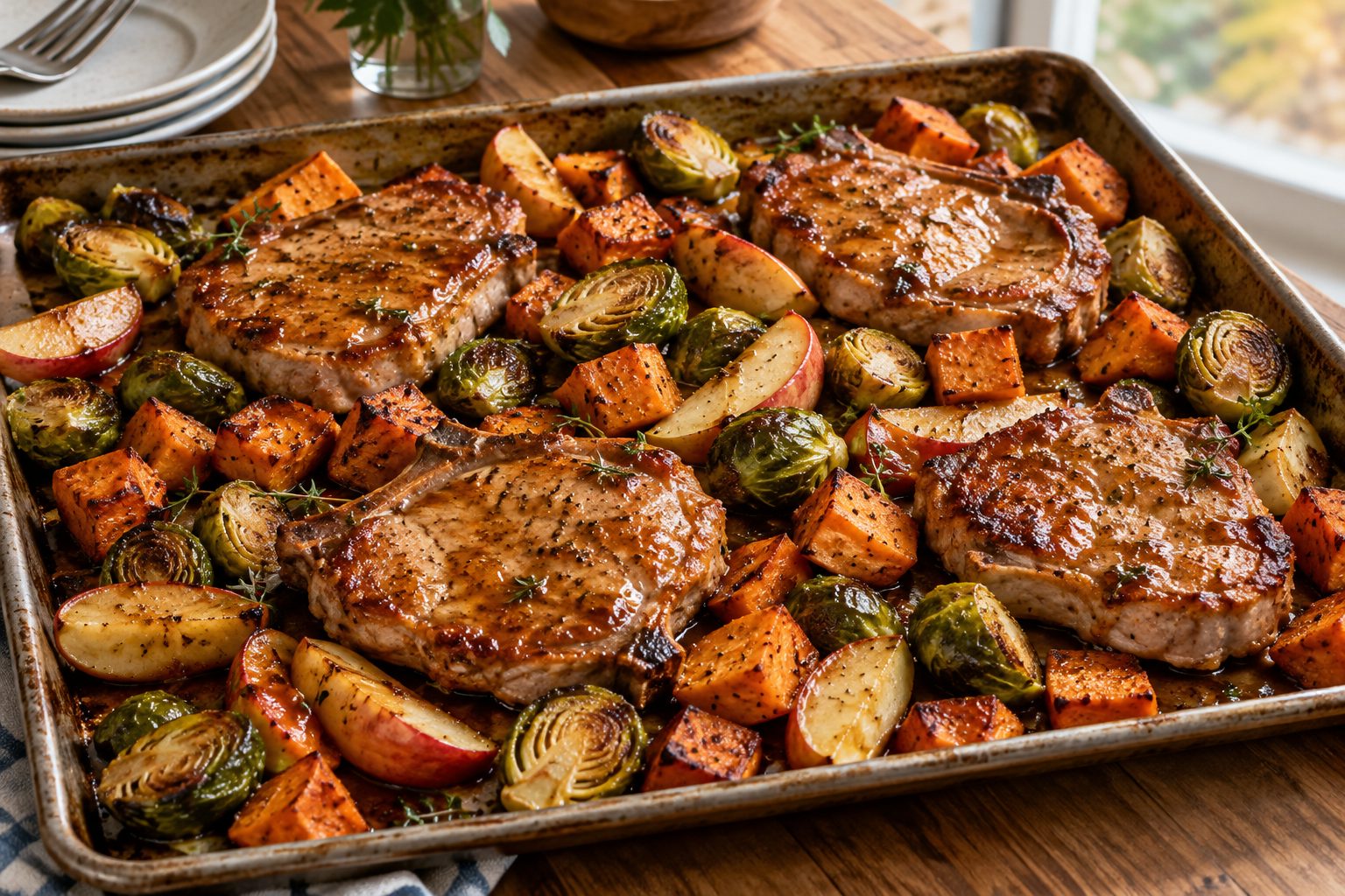 Apple Cider Pork Chops with Roasted Sweet Potatoes & Brussels Sprouts