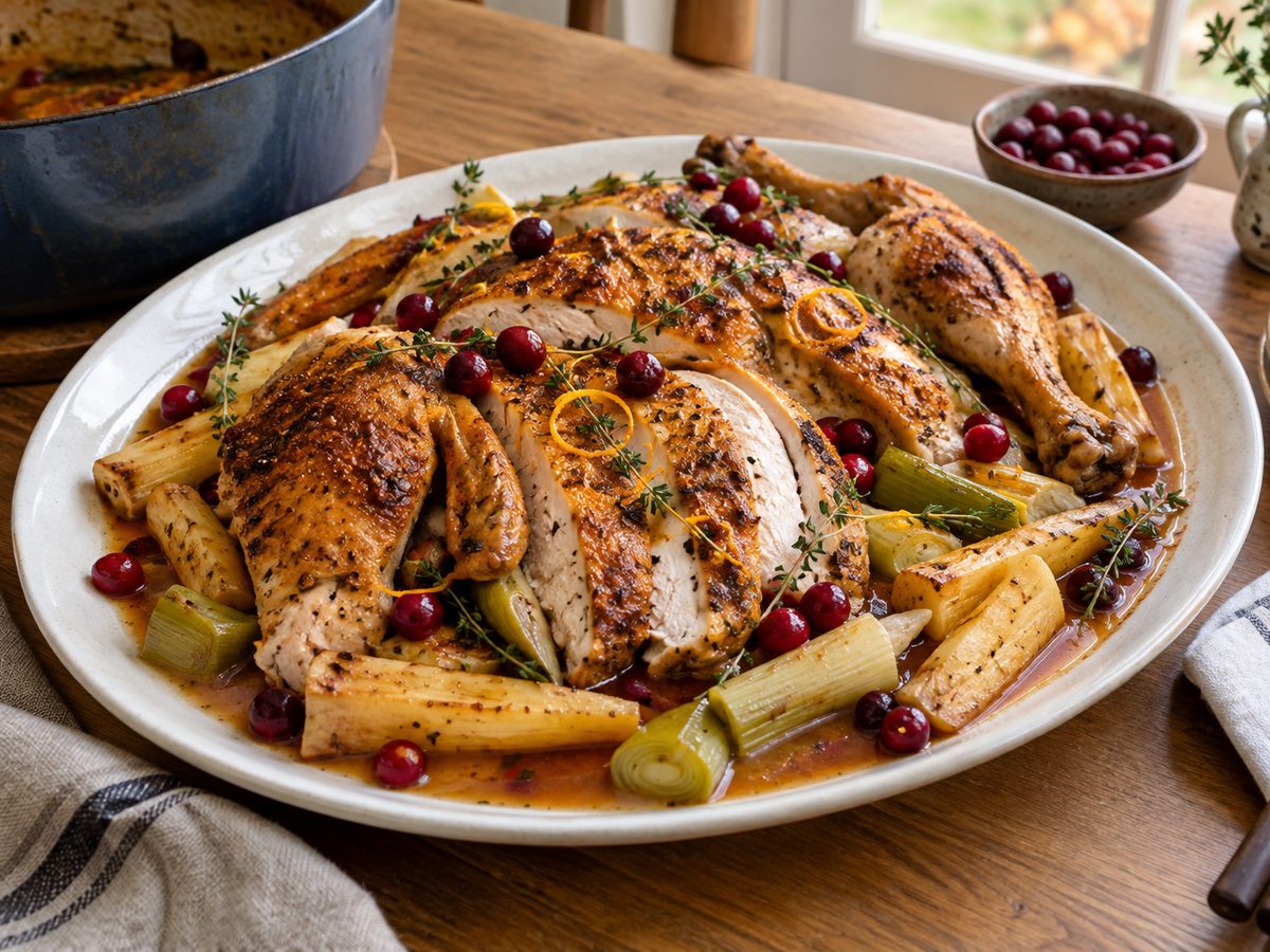 Cranberry-Orange Braised Whole Chicken with Parsnips