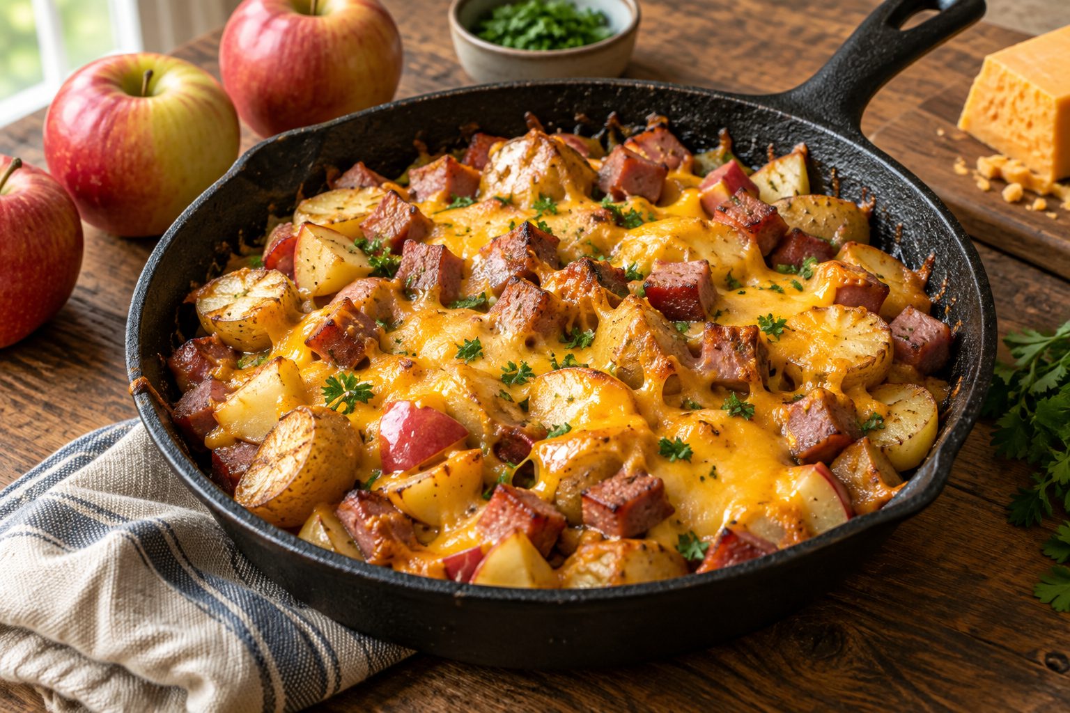 Ham, Apple & Cheddar Baked Potato Skillet