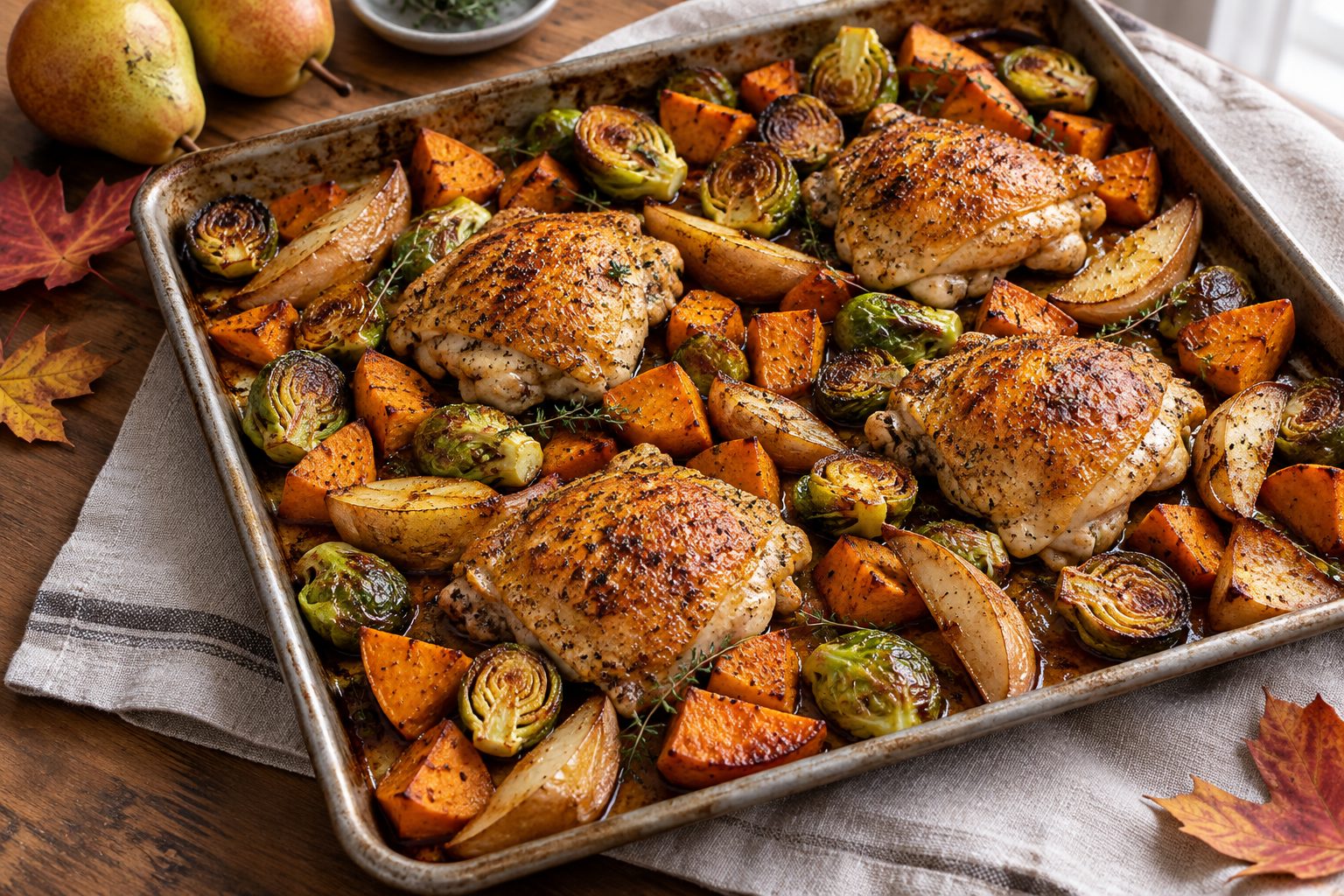 Roast Chicken Thighs with Sweet Potatoes, Pears & Brussels Sprouts