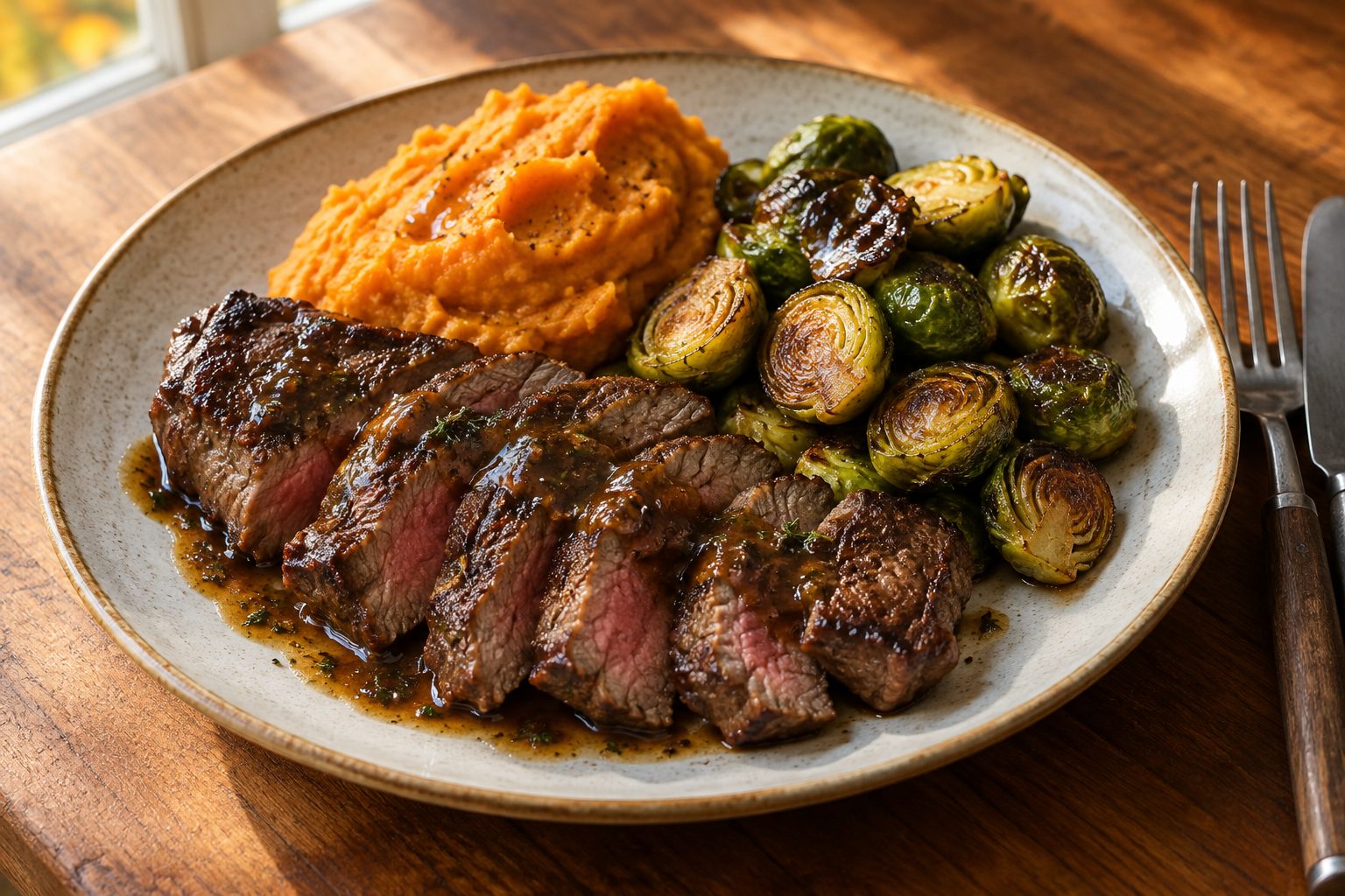 Seared Sirloin with Roasted Brussels Sprouts & Sweet Potato Mash