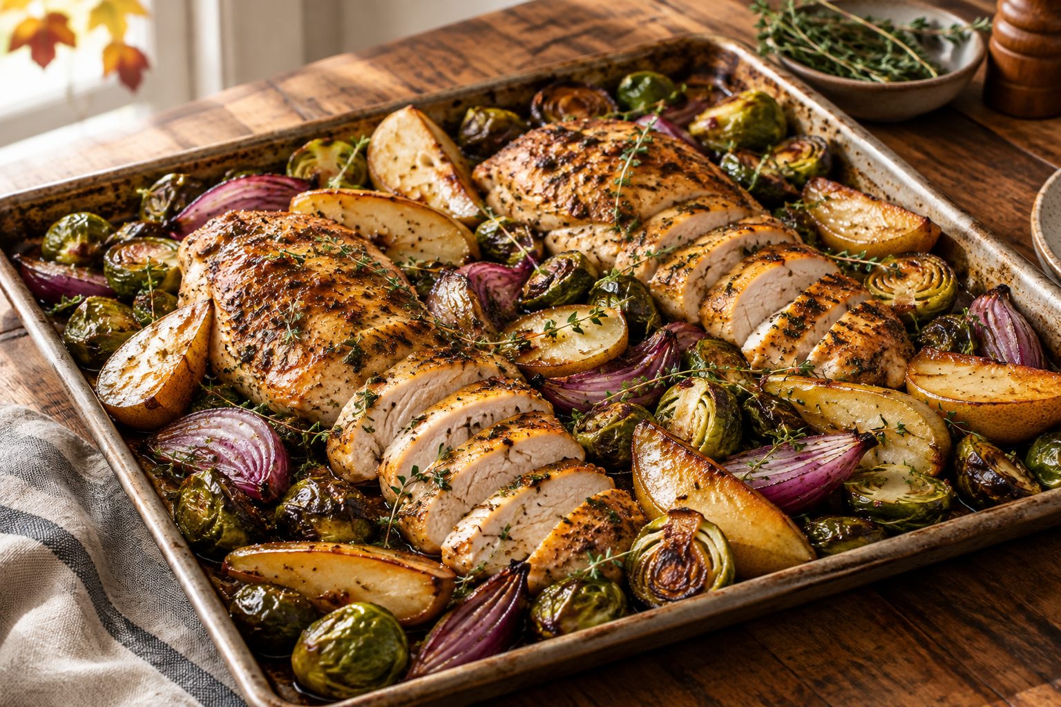 Sheet Pan Harvest Chicken with Roasted Brussels Sprouts & Pears