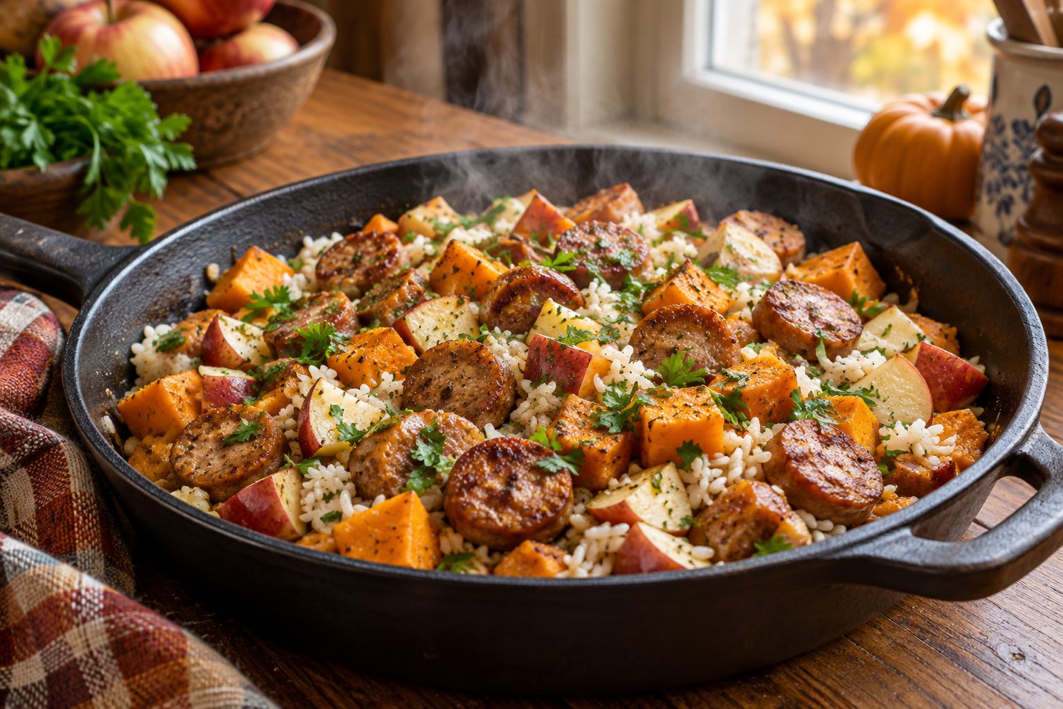 Turkey Sausage & Sweet Potato Skillet with Apples and Rice