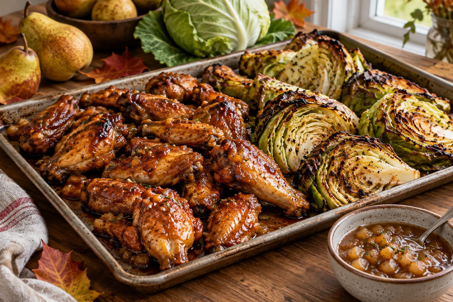 Roasted Chicken Wings with Maple-Pear Glaze & Roasted Cabbage