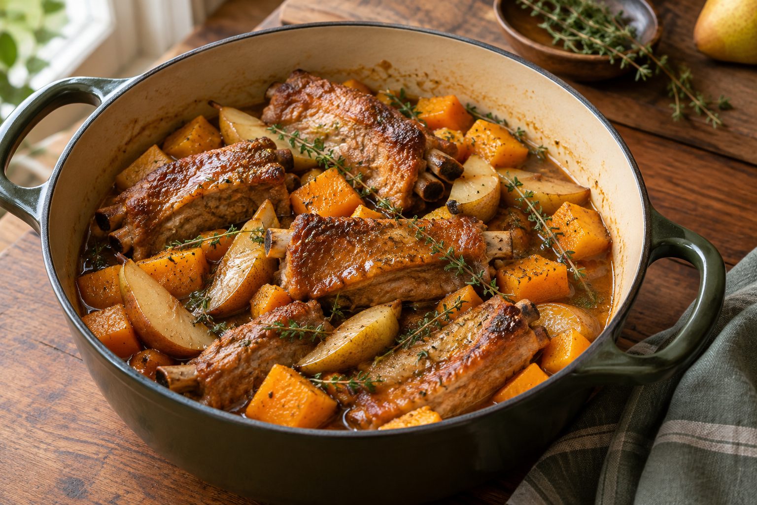 Cider-Braised Country Style Ribs with Butternut Squash & Pears